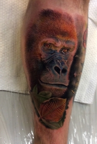 腿部现实主义风格的彩色猴子纹身