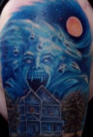 腿部彩色幽灵的恐怖房子纹身图片