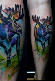 腿部水彩像彩色的大麋鹿纹身图片