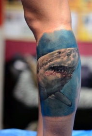 腿部写实风格的血腥鲨鱼纹身图案