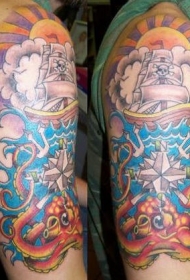 肩部彩色章鱼和帆船纹身图案