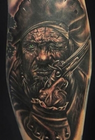 腿部棕色老海盗肖像纹身图案