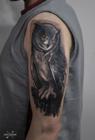 旧货风格的黑灰色大猫头鹰纹身图片