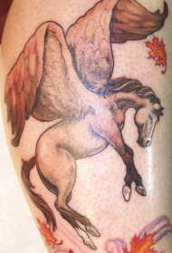 腿部彩色飞马和落叶纹身图片