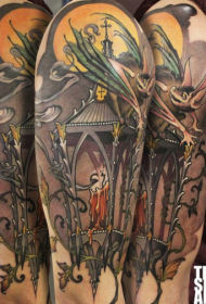 彩色肩部旧蜡烛街打火机与吸血蝙蝠纹身图案