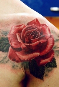 肩部彩色写实红玫瑰纹身图案