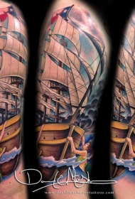 肩部插画风格彩色美人鱼帆船纹身图案