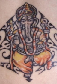 腰部彩色舞蹈的象神部落纹身图片