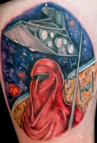 腿部圆形彩色星球大战战士纹身图案