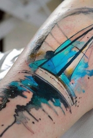 腿部新风格的现代帆船纹身图案