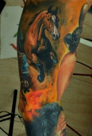 花臂彩色可爱的现实马纹身图案
