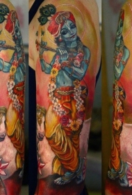 手臂印度教女神插画风女人与羊纹身图案