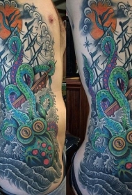 男性腰侧彩色大章鱼纹纹身图案