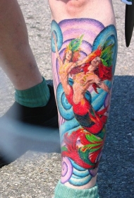 腿部彩色美人鱼套纹身图案