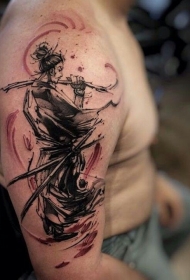 肩部水墨风日本武士纹身图案