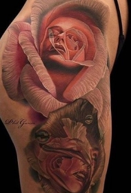 腿部彩色玫瑰与年轻女孩的肖像纹身图案