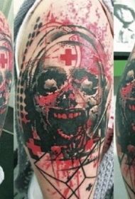 肩部彩色恐怖风格血腥护士纹身图片