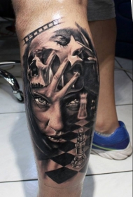 腿部棕色女人肖像纹身图案