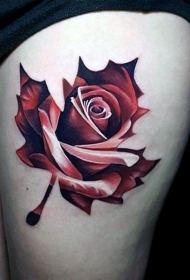 腿部彩色玫瑰枫叶色纹身图案