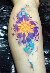 腿部插画风格彩色印度教风格太阳纹身