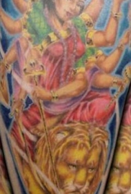 手臂彩色印度教女神杜加与狮子纹身