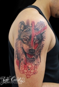 现代风格的彩色肩部大狼纹身图案