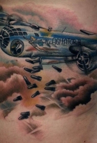 腰侧插画风格彩色二战轰炸机纹身图案
