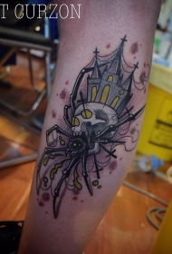 腿部现代风格的彩色骷髅与蜘蛛纹身图案
