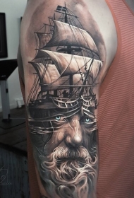 全新风格的棕色肩帆船与老人纹身图案