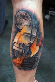 腿部彩色帆船与夜空纹身图案