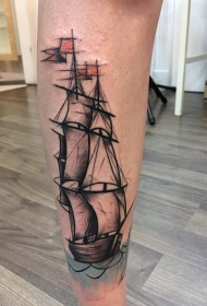 腿部水墨风简易帆船纹身图案