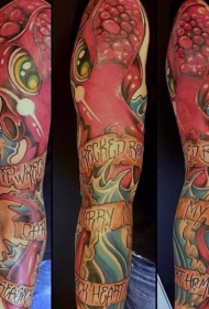 手臂彩色大章鱼与字母纹身图案