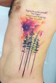 腰侧水彩色森林与字母纹身图案