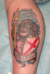 腿部彩色爱国英格兰狮子纹身图案
