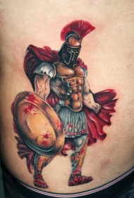 腰侧彩色雄伟的斯巴达战士纹身图案
