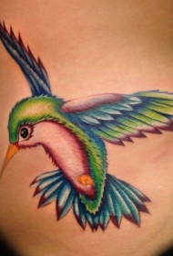 腰部漂亮的彩色蜂鸟纹身图片