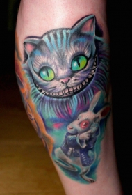 腿部彩色爱丽丝主题猫咪纹身图案