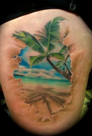 腿部彩色海洋边上的棕榈树纹身图案