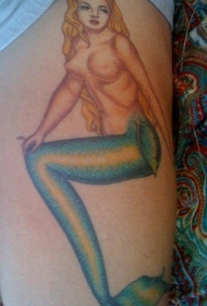 腿部彩色性感金发裸体美人鱼纹身