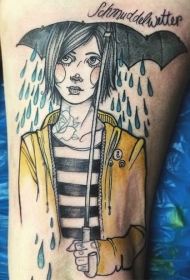 腿部彩色插画风格打伞的女人纹身