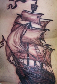 腰侧棕色大型海盗船纹身图案