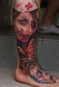 腿部彩色血腥逼真的恐怖僵尸护士纹身