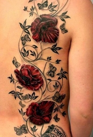背部红色的罂粟花藤纹身图案