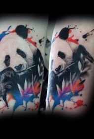 新风格彩色熊猫与树叶纹身图片