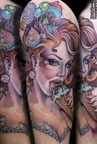 肩部复古风彩色诱人的女人与冰淇淋纹身图案
