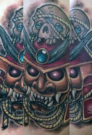 腿部彩色恶魔武士面具纹身图案