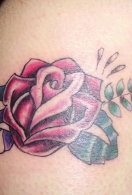 肩部彩色红玫瑰与叶子纹身图案