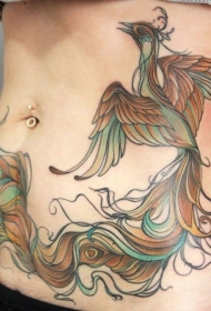 女性腹部彩色凤凰纹身图案