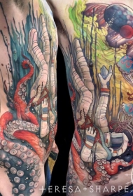 独特的组合彩色宇航员与章鱼纹身图案