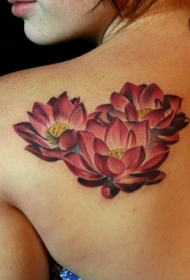 女性肩部彩色莲花纹身图案